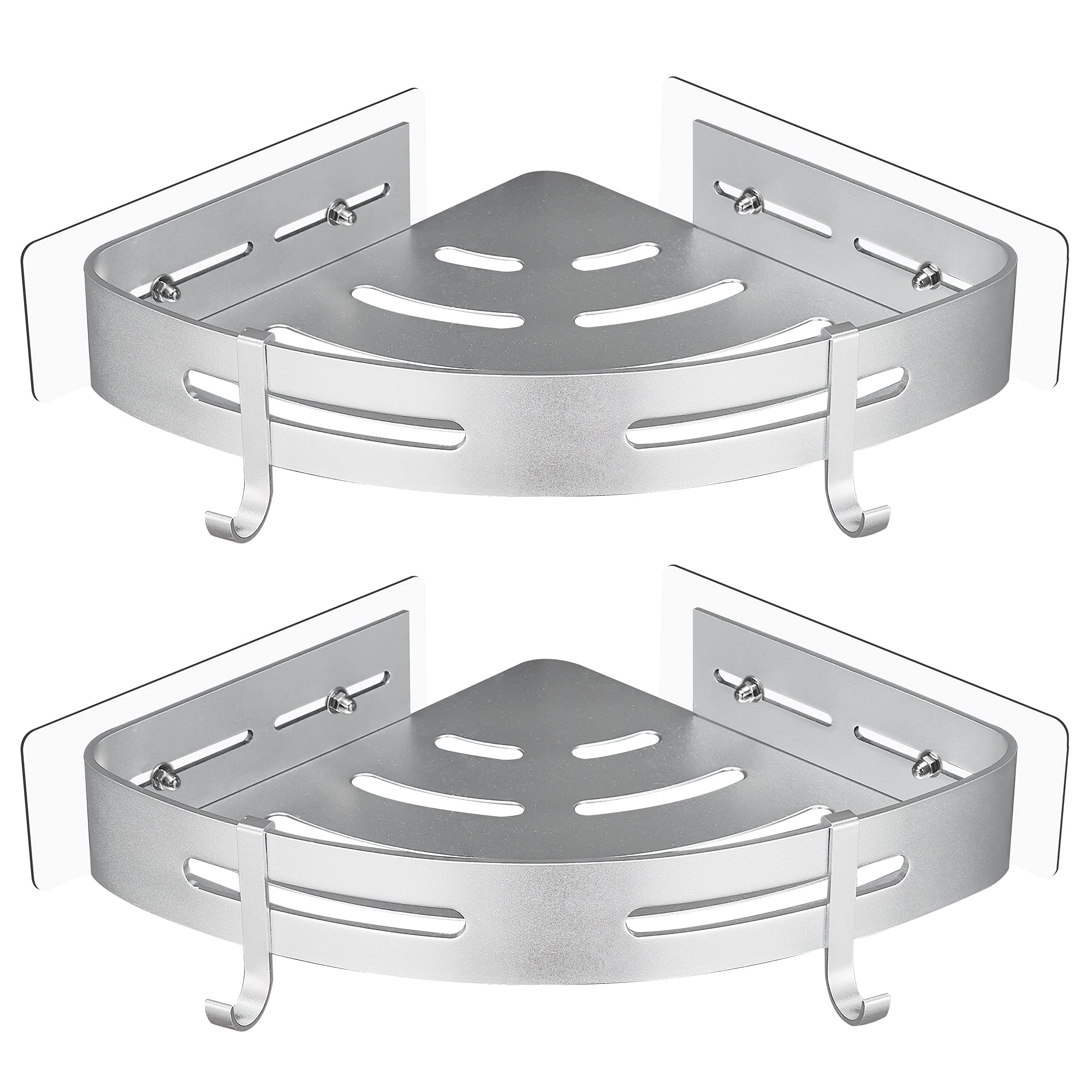 Selbstklebendes Eckduschregal, Kein Bohren Erforderlich, Rostfreie Edelstahlhalterung, Mit 2 Haken, Badezimmeraccessoire, 2er-set, Silberfarben.