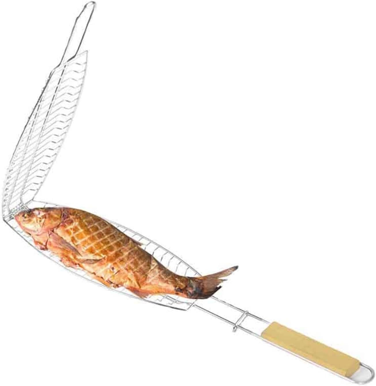 Klappbarer Grillkorb Für Fisch, Hähnchen Und Hamburger, Verchromtes Edelstahlgitter Mit Holzgriff, Silberfarben, 70 X 15 Cm