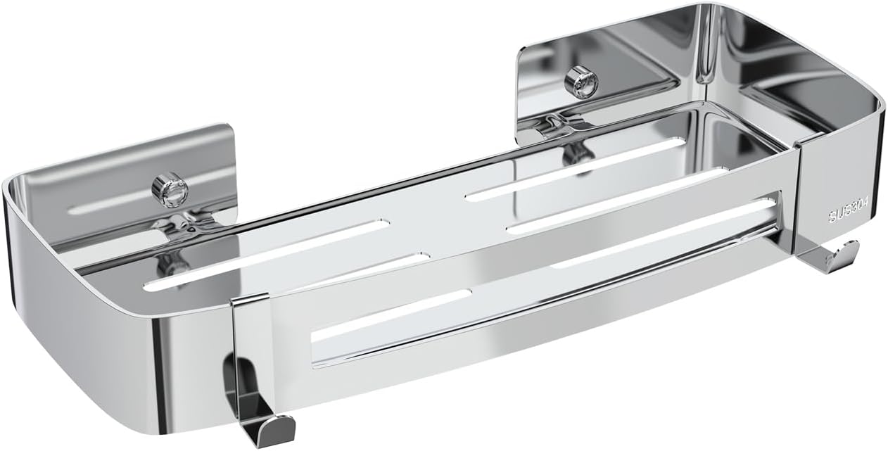 Etagere Douche Sans Perçage, Étagère D'Angle De Douche En Acier Inoxydable, Rectangulaire Étagère De Salle De Bain Montage Mural En Avec 2 Crochets, Convient Aux Douche Et Cuisine (1 Pièces - Argent)