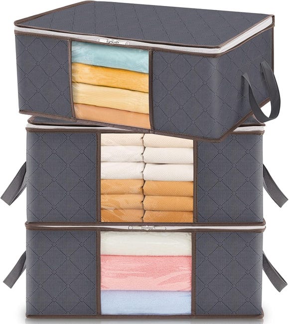 Lot De 3 Sac De Rangement Vetement 35l, Boîte De Rangement Sous Lit Pliable, Housse Rangement Couette Organisateur De Placard, Gris