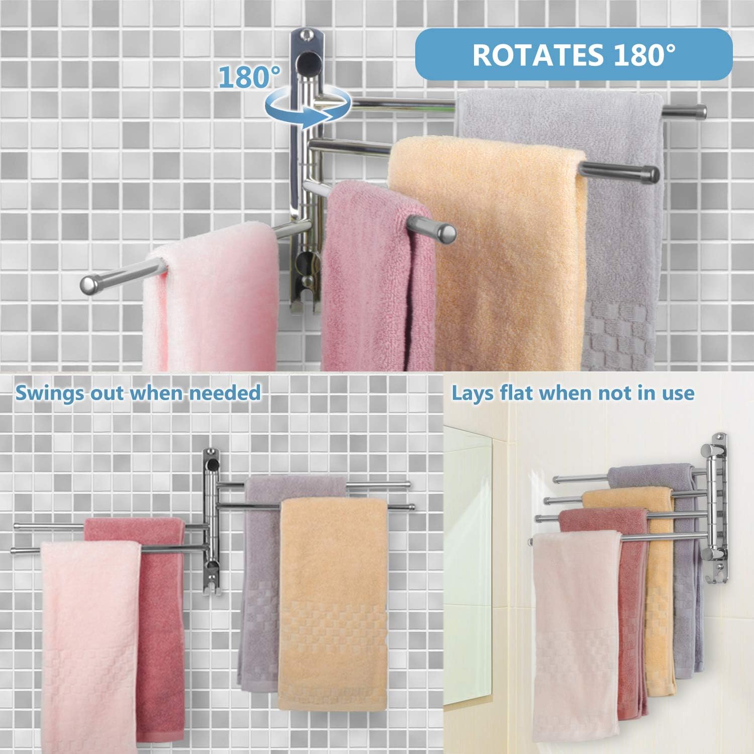 Groofoo Porte-serviette Pivotant Mural En Acier Inoxydable - 4 Tiges - Avec Crochet Et Capuchon Antidérapant - Étanche - Argenté - Pour Salle De Bain, Cuisine, Salle De Bain