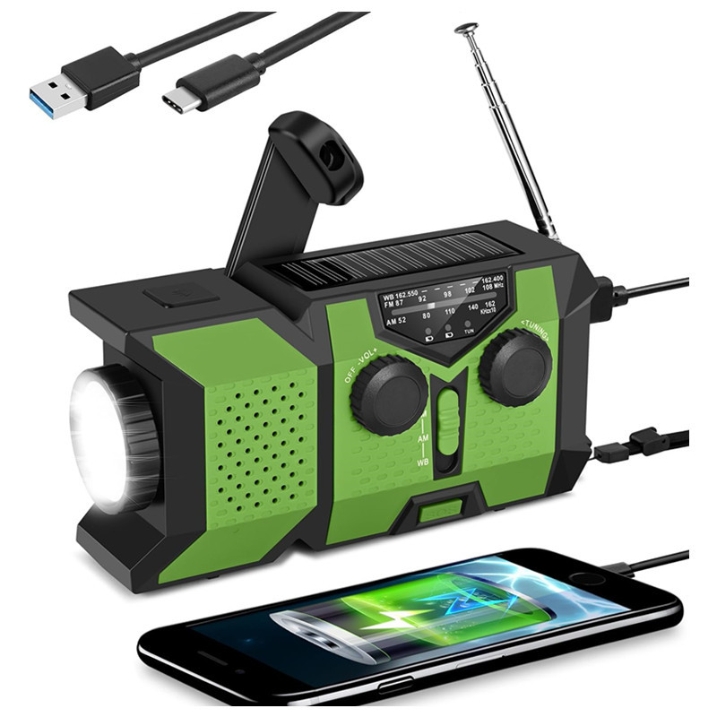 Radio D'Urgence Portable Am/fm/wb: Recharge Solaire/manuelle, Lampe Torche Led, Alarme Sos, Power Bank 2000mah,éclaboussures,vert
