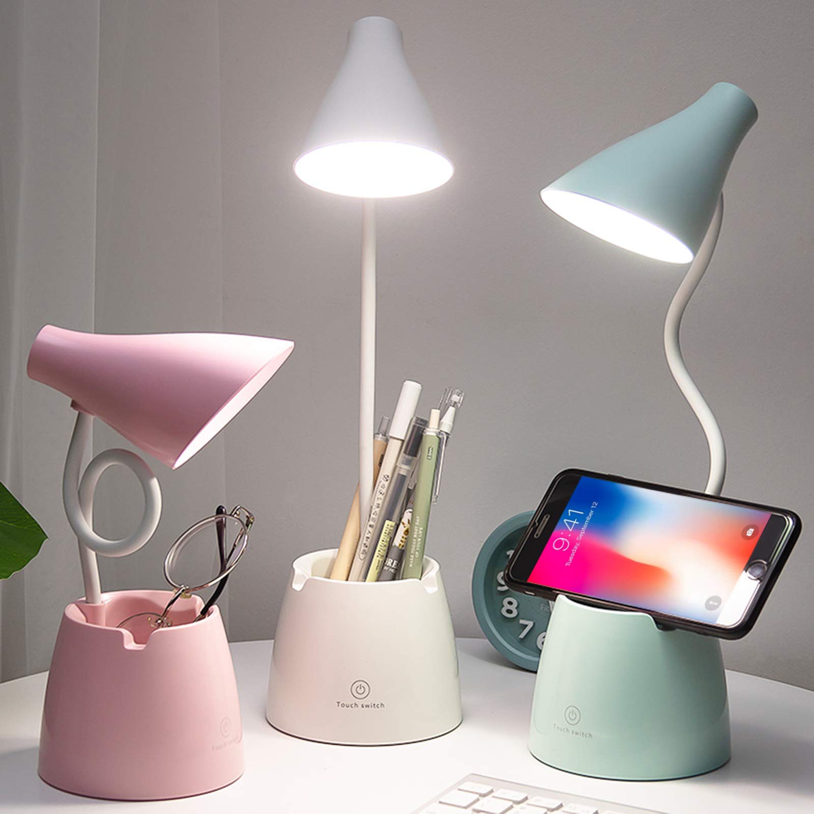 Lampe De Bureau Led, Lampe De Bureau Avec 3 Modes D'Éclairage Et Intensité Variable, Lampe De Bureau À Col De Cygne Flexible À 360° Avec Porte-stylo Et Support Pour Téléphone Portable Pour La Lecture,
