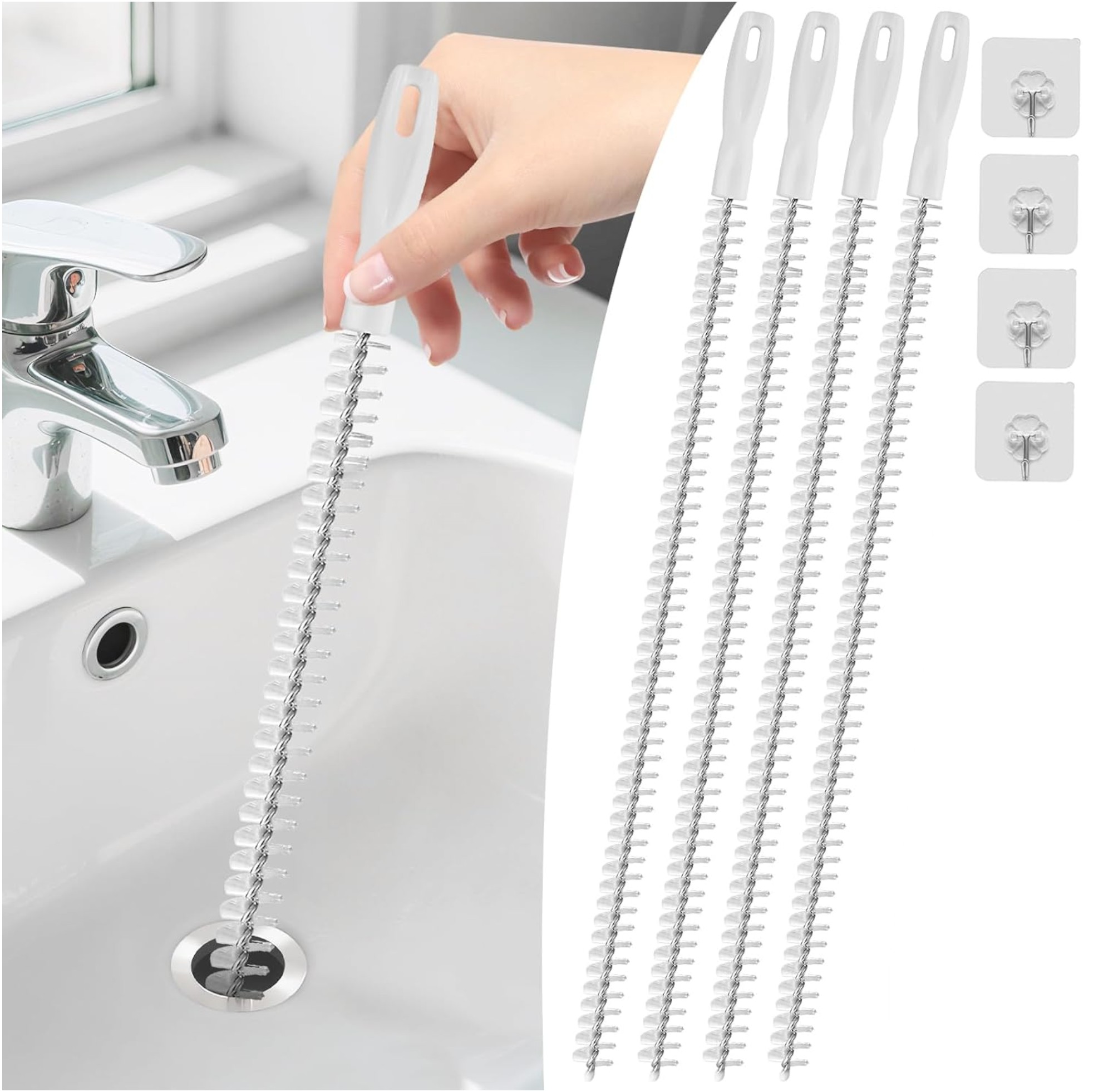 4-stuks - Afvoerborstel - Afvoerborstel - 45 Cm - Pour Déchets, Badkamers, Keukens, Douches - Met 4 Haken - Haar- En Ontharingsborstel