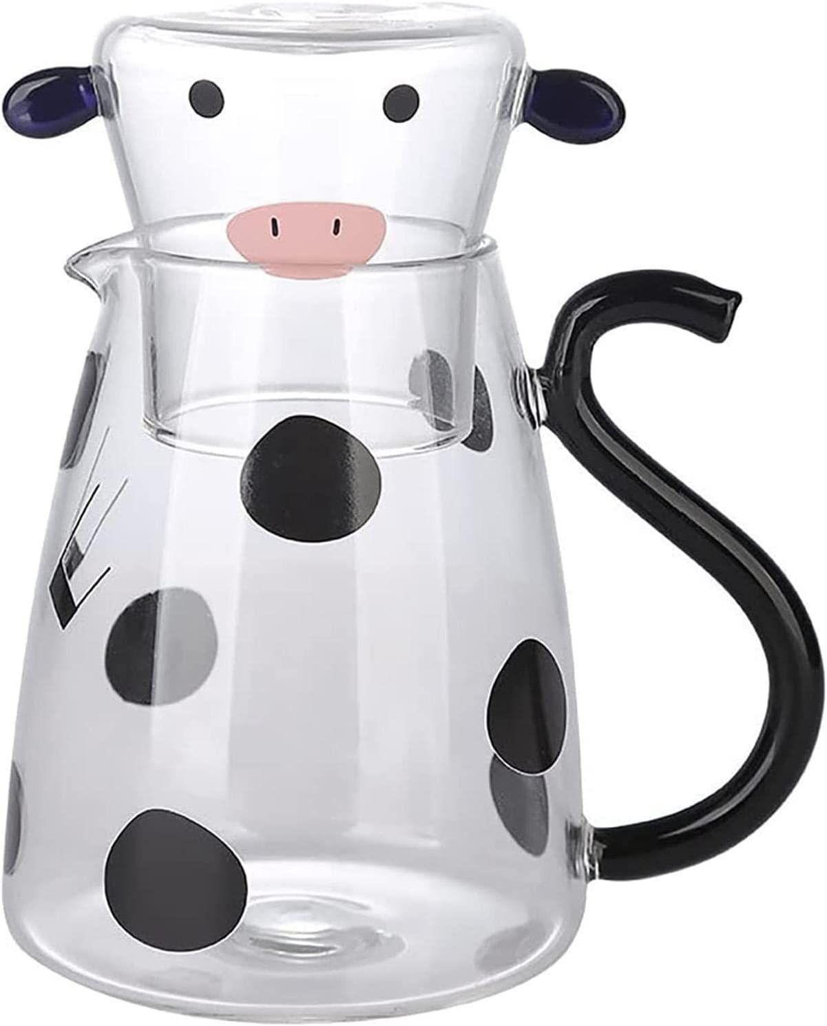 Pichet À Eau En Verre De Vache Avec Tasse En Verre,vache Pichet Carafe Ensemble,vache De Dessin Animé Ensemble De Carafe À Eau De Chevet 550/1800 Ml Pichet À Eau En Verre Pour Jus,lait,café,thé,eau
