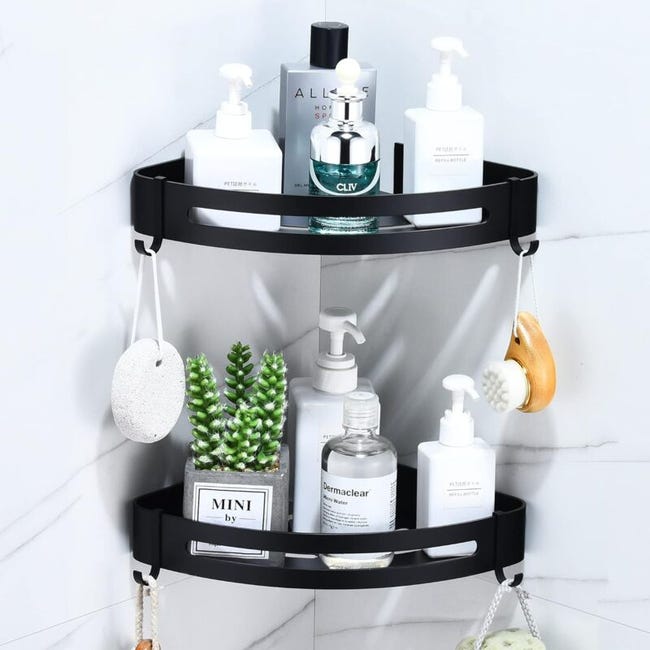 Etagere Salle De Bain Sans Percage, Angle Avec 4 Crochets Tablette D'Angle Metal Pour Rangement Douche, Étagère Cuisine (2 Niveaux,triangle)