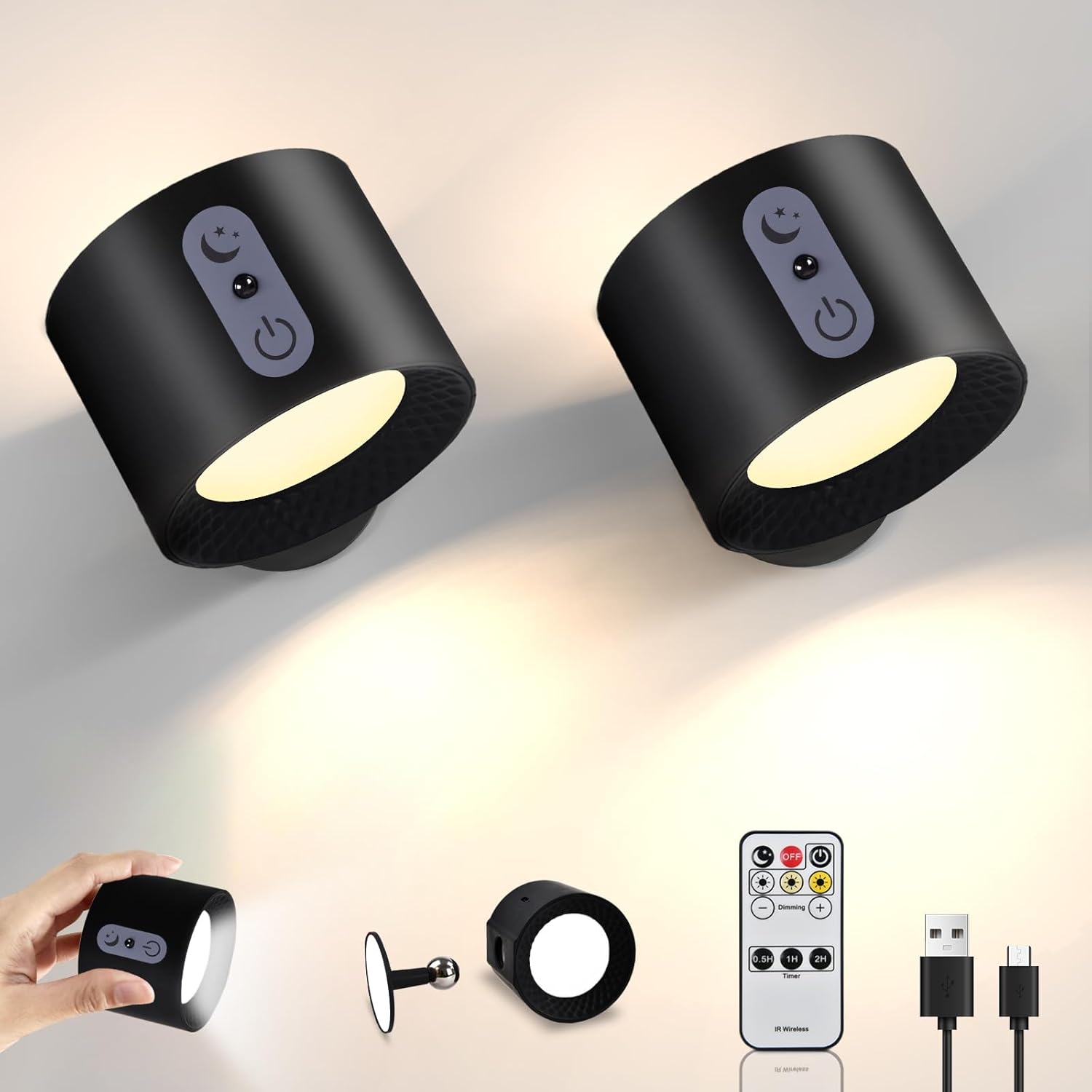 Applique Murale Intérieur Avec Télécommande Lot 2,touch Lampe Murale Led Sans Fil,rechargeable Batterie 2500mah,rotative À 360°, Luminosité Réglable