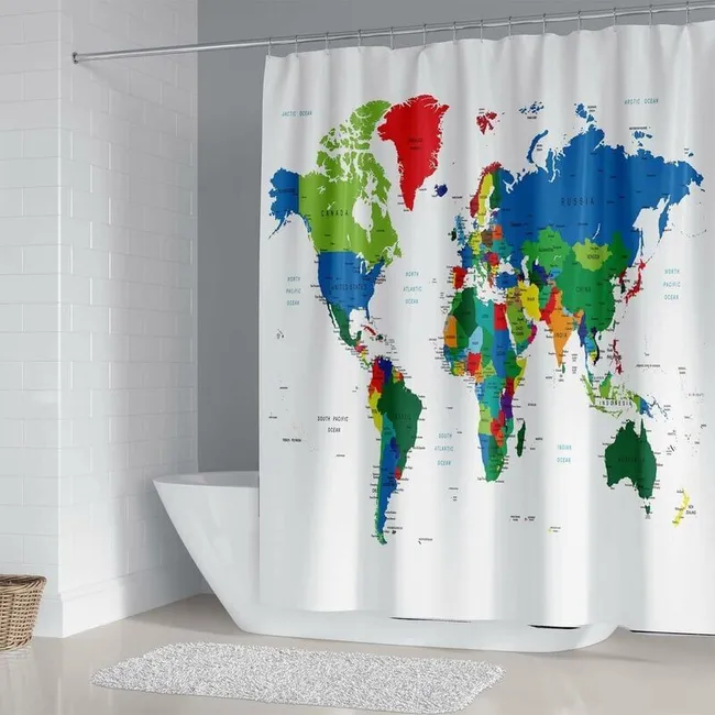 Rideau De Douche Motif Carte Du Monde Avec Impression Géographique,rideau De Salle De Bain Avec 12 Anneaux En Tissu Polyester Anti-fongique 180x180cm (sku Produit : 93419917 Sku Offre : 1021cl16)