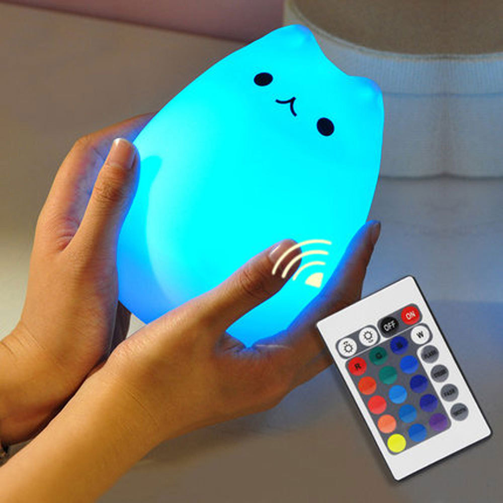 Veilleuse Chat, Télécommande En Silicone, Veilleuse Pour Enfants, Adolescents, Veilleuse Rechargeable Kawaii Mignon Blanc