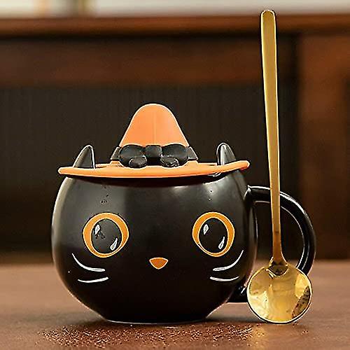 Tasse Chat Noir Avec Couvercle À Poignée En Chapeau De Sorcière Et Cuillère Dorée, Mug En Céramique Unique Et Adorable Chaton Pour La Maison Et Le Bureau