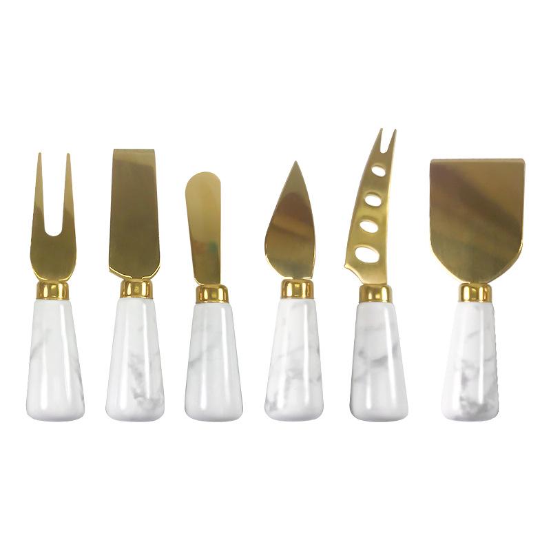 Ensemble De 6 Pièces De Couteaux À Fromage Dorés, Spatules À Beurre Avec Manche En Marbre, Coupe-fromage Avec Manche Ergonomique En Céramique, Râpe À Fromage Et Fourchette Pour Anniversaire, Mariage,