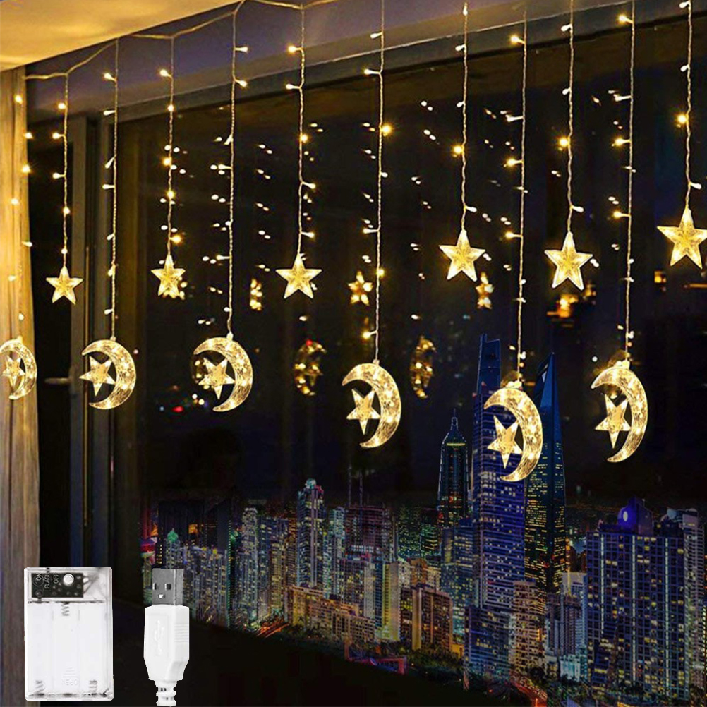 Led Window Curtain String Light Fairy Lights Moon Star String Light Battery Usb Powered For Indoor Bedroom Outdoor Party