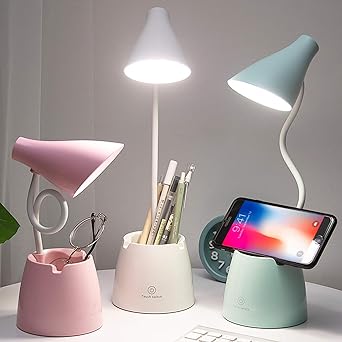 Lampe De Bureau Led Blanche, 3 Modes D'Éclairage Et Intensité Variable En Continu, Bras Flexible À 360° Avec Porte-stylo Et Support Pour Téléphone.