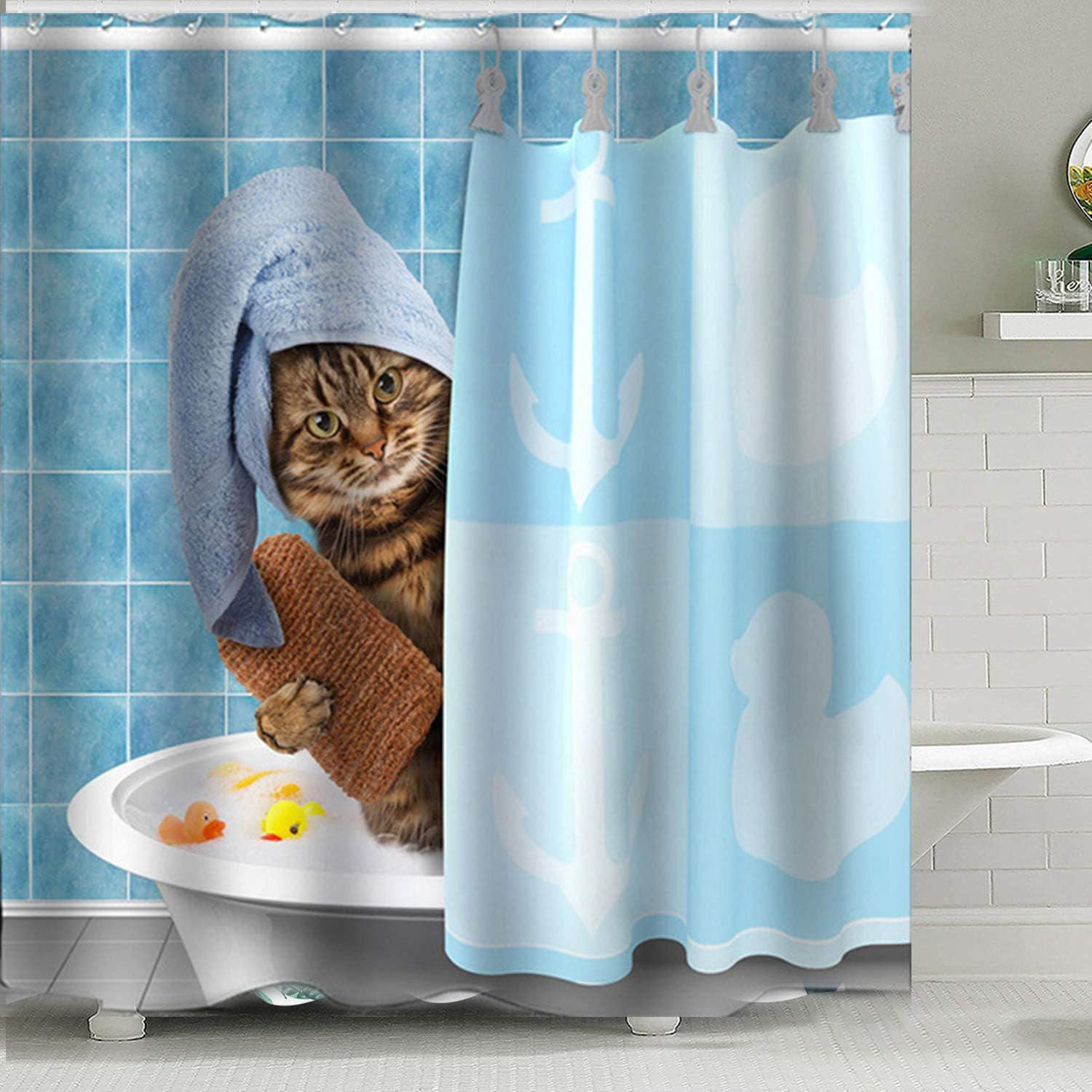 Ensemble Rideau De Douche Imperméable Blue Kitten 180 X 180 Cm Avec 12 Crochets, Rideau De Douche En Tissu Pour Salle De Bain, Rideau De Bain En Tissu, Résistant À La Moisissure, Séchage Rapide, Ourle