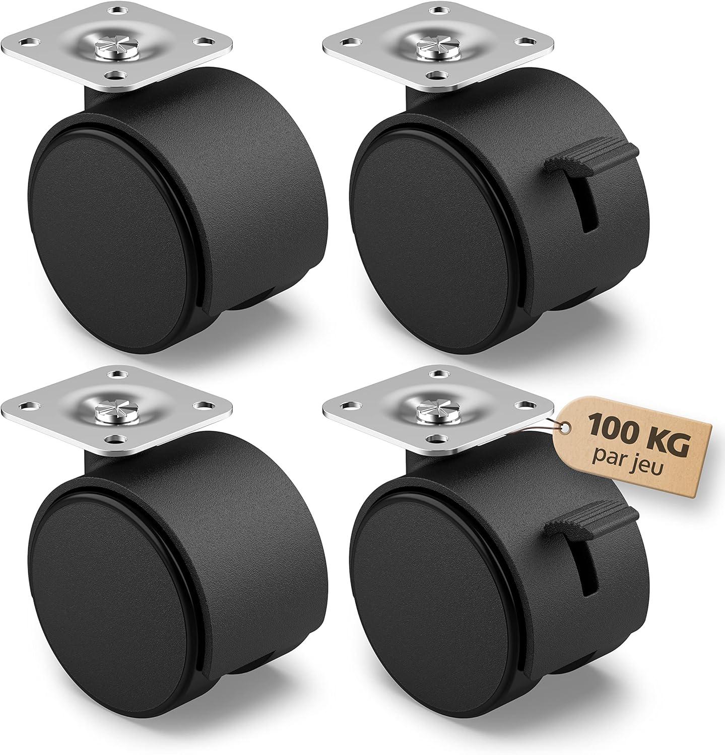 Lot De 4 Roulettes Pivotantes 5 Cm (2") Pour Meubles D'Intérieur - Roulettes De Transport Avec Frein, Charge Max. 25 Kg Par Roulette - Roulettes Pivotantes Pour Meubles D'Intérieur