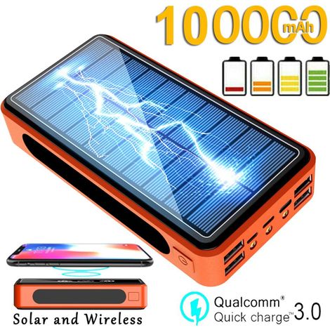 Batterie Externe Portable Solaire Sans Fil De 100 000 Mah Avec Lampe Led, Étanche Et Haute Capacité, Idéale Pour Une Utilisation En Extérieur.