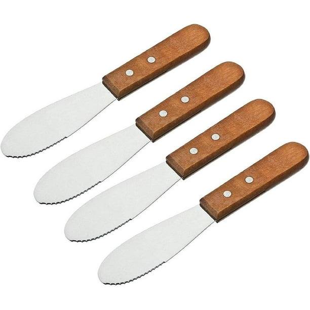 Couteau À Beurre Mintzer À Lame Large Et Droite, En Acier Inoxydable, 4 Pièces, Manche En Bois, Pour Sandwichs Et Fromage Frais.
