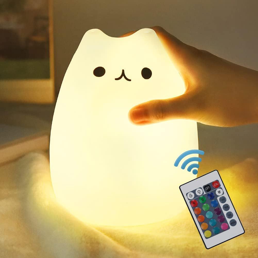 Veilleuse Chat, Veilleuse Chaton En Silicone Avec Télécommande Pour Enfants Et Adolescentes, Rechargeable, Style Kawaii, Blanche.