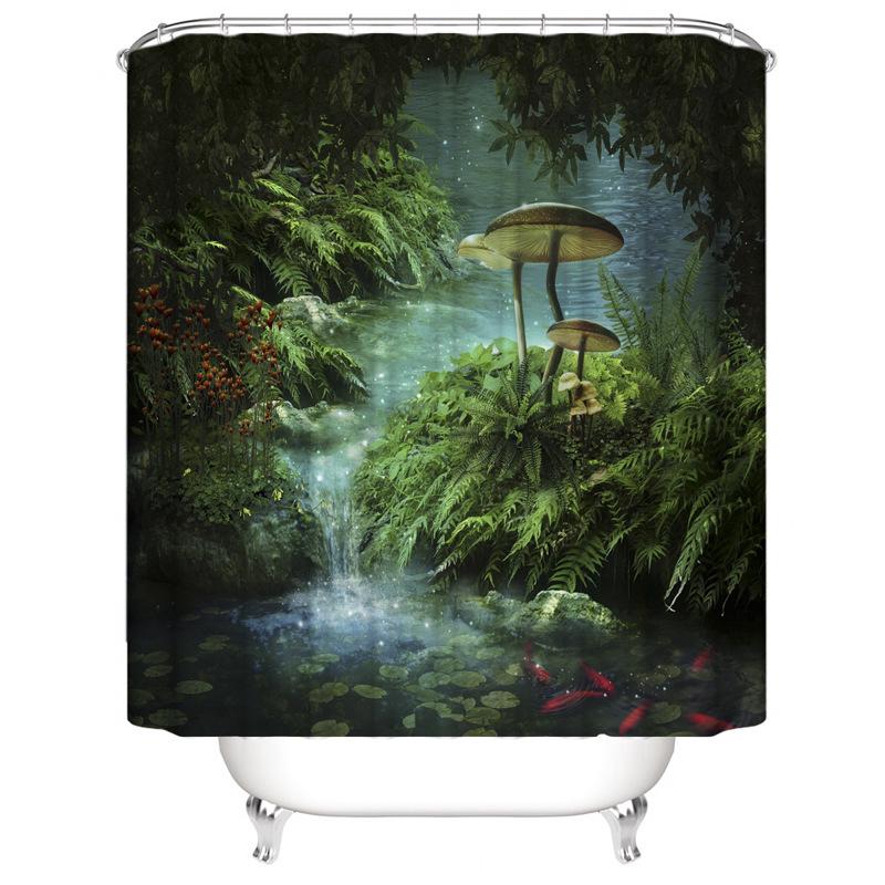 Rideau De Douche Forêt De Contes De Fées 180x180cm, Motif Champignons Magiques Et Feuilles D'Herbe Verte, Rideau De Douche Rivière Zen 3-en-1, Décoration Pour Salle De Bain Enfant, Polyester Imperméab