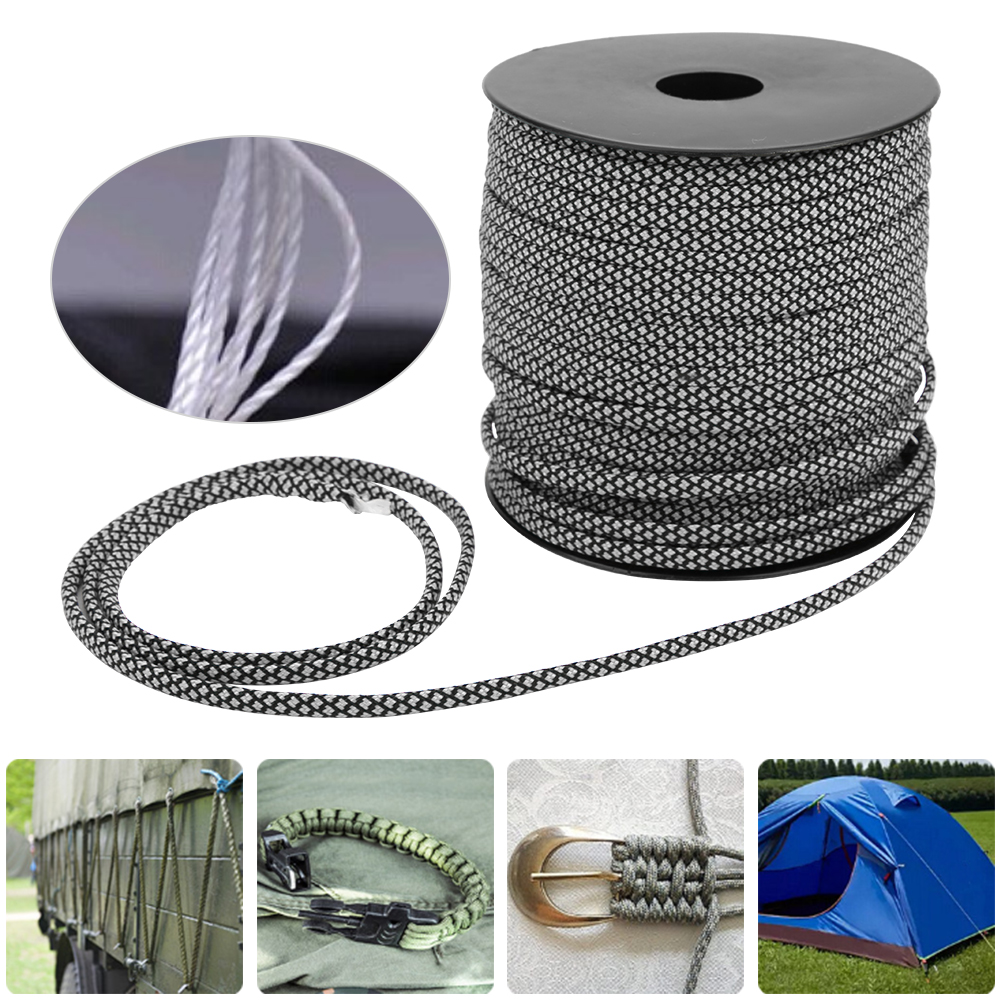 Corde En Paracord 4mm 7 Brins 50 Mètres Pour Randonnée, Camping Et Artisanat (noir Argenté)