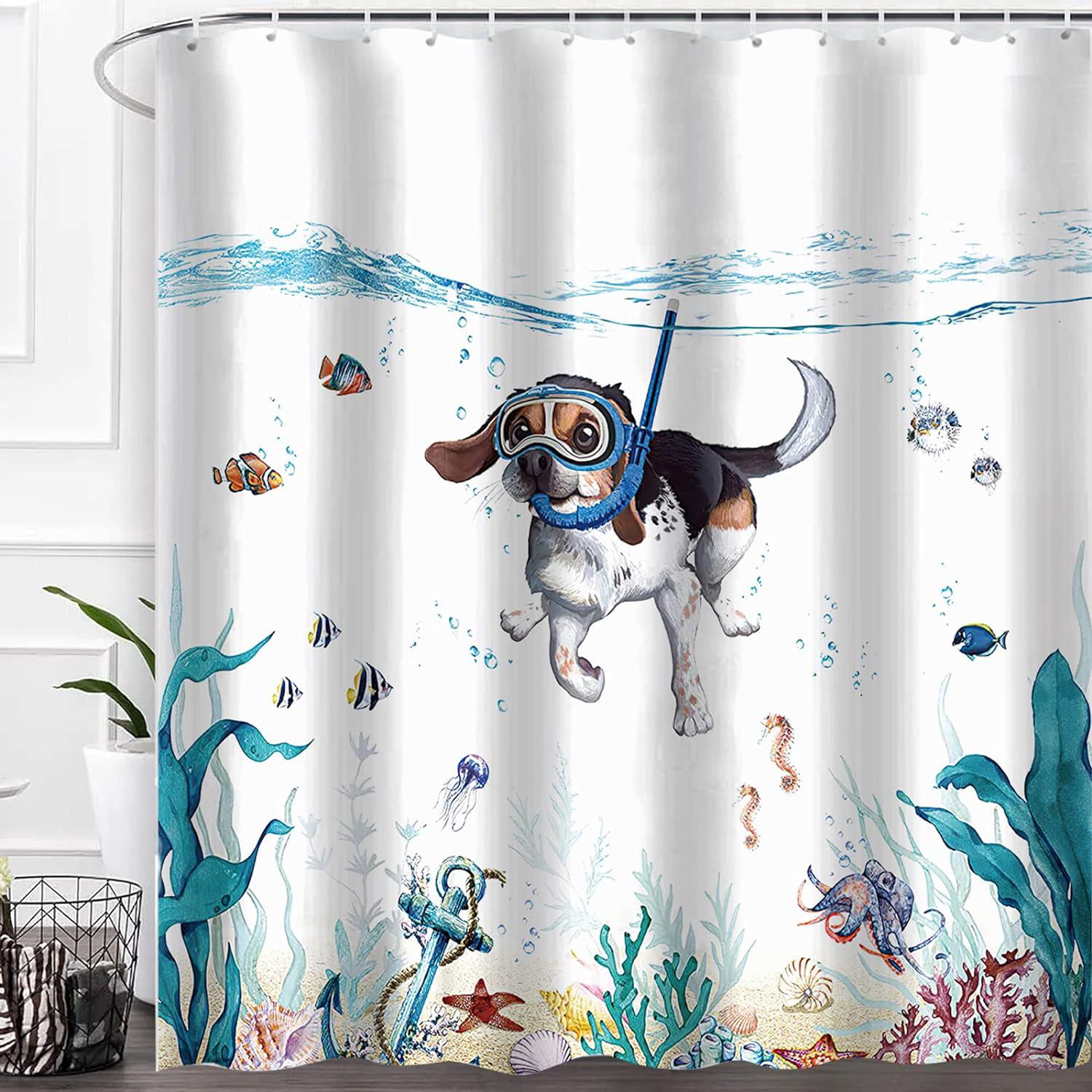 Rideau De Douche Chien Plongeur 180x180cm, Motif Chien Plongeur, Animaux Marins, Poissons Et Algues, Imperméable, Résistant, En Polyester Lavable. Accessoires De Salle De Bain Modernes. Comprend 12 An