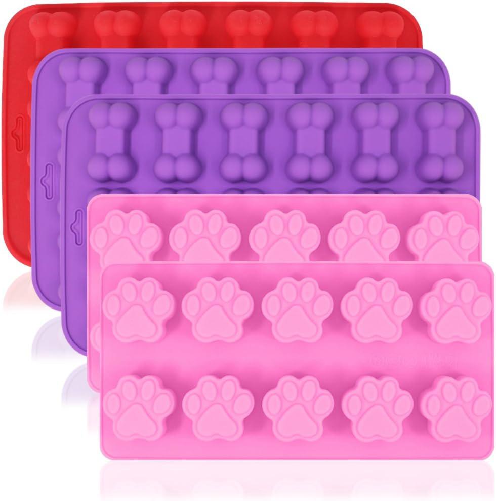 Ensemble De 5 Moules En Silicone (rose, Violet, Rouge) - Forme Patte De Chien Et Os - Moule De Qualité Alimentaire - Réutilisable - Pour La Confection De Gâteaux, Chocolats Ou Friandises
