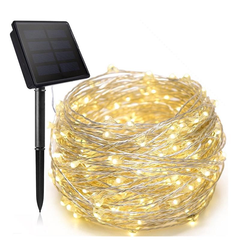 Guirlande Solaire À Tirer De 20 M, 200 Led Jaunes, Fil De Cuivre Étanche