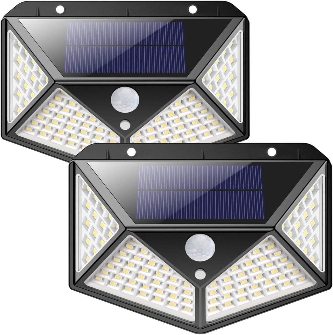 Lampe Solaire D'Extérieur [version Améliorée, Lot De 2] 100 Led, 1200 Mah, Étanche, Éclairage Extérieur, Faisceau 270°, Détecteur De Mouvement 180°, Projecteur Solaire Mural Pour Jardin.