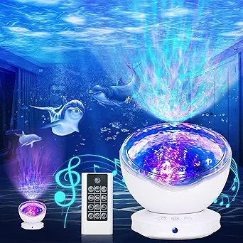 Projecteur D'Ondes Océaniques (blanc), Veilleuse Led 12 Led Avec Télécommande Et Minuterie, 8 Couleurs Changeantes, Projecteur Veilleuse Pour Chambre D'Enfant, Chambre D'Adulte, Salon Et Décoration De