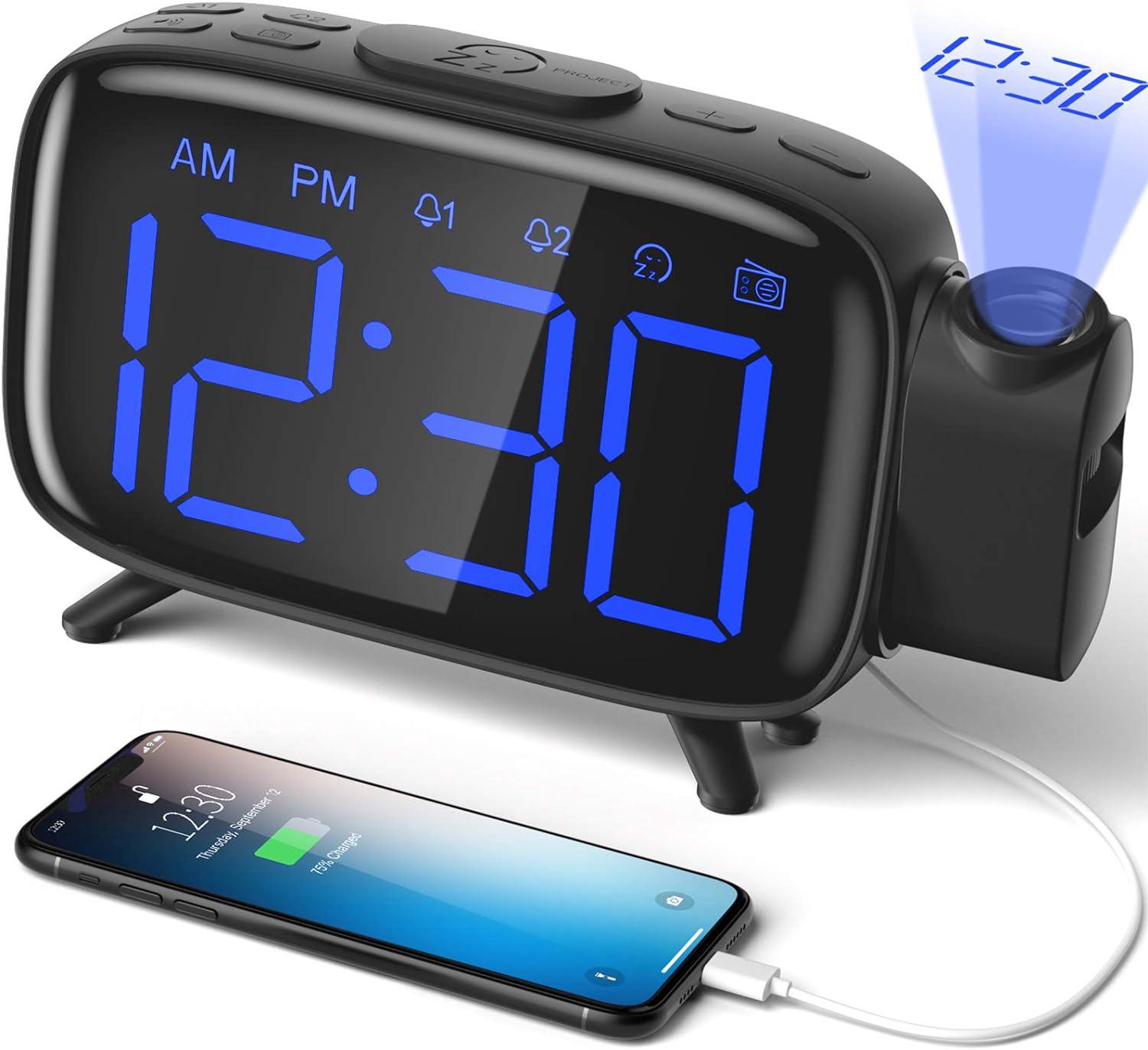 Radio-réveil À Projection, Réveil Numérique Avec 3 Niveaux De Luminosité Et Projection À 180°, Radio Fm