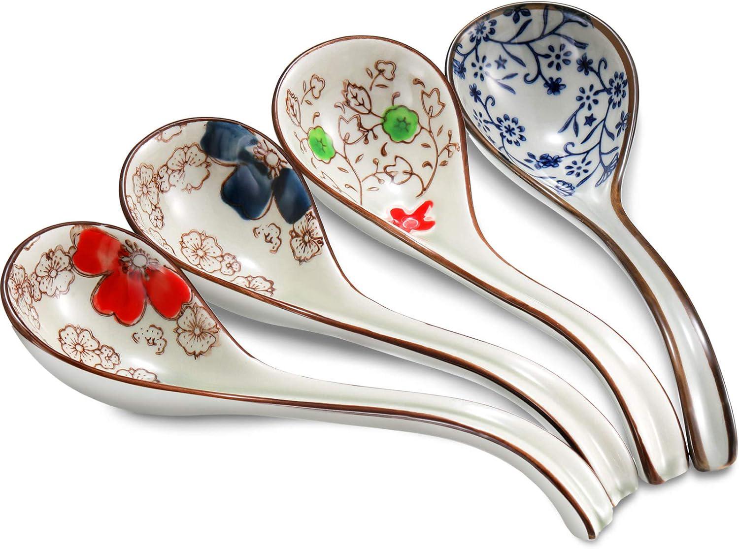 Lot De 4 Cuillères À Soupe En Céramique Japonaises Et Coréennes, Style Rétro Asiatique, Cuillères À Riz Chinoises, Cuillères À Ramen, Cuillères À Soupe À Fleurs Peintes, Cuillères En Céramique À Long