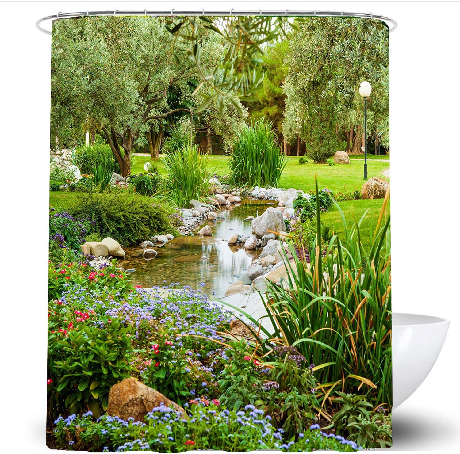 Rideau De Douche Vert 180 X 180 Cm Avec Crochets, Imperméable, En Polyester Anti-moisissure, Motif Feuilles De Jardin.