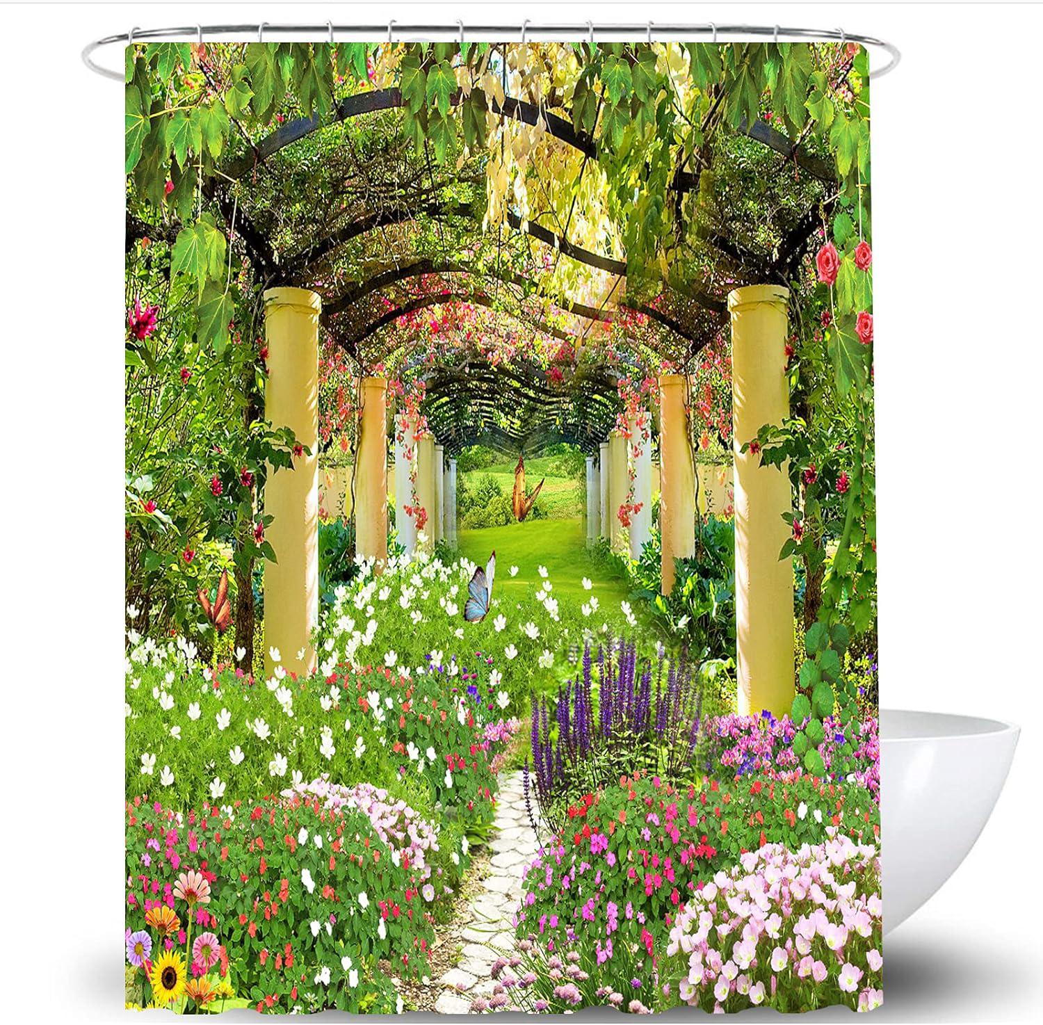 Rideau De Douche À Motifs Floraux Et Papillons Avec Crochets, 180 X 180 Cm, Imperméable, En Polyester Anti-moisissure, Motif Jardin Vert Et Papillons.