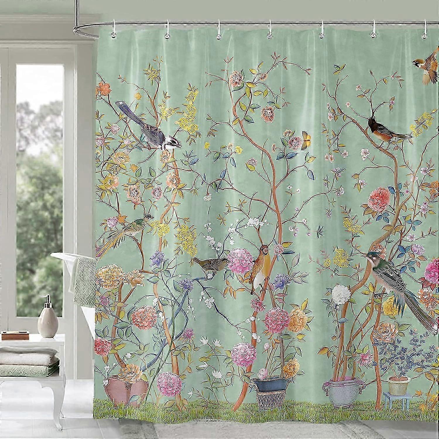 Rideau De Douche Vert, Imperméable Et Résistant À La Moisissure, Motif Oiseaux Et Fleurs, Avec 12 Crochets, 180 X 180 Cm