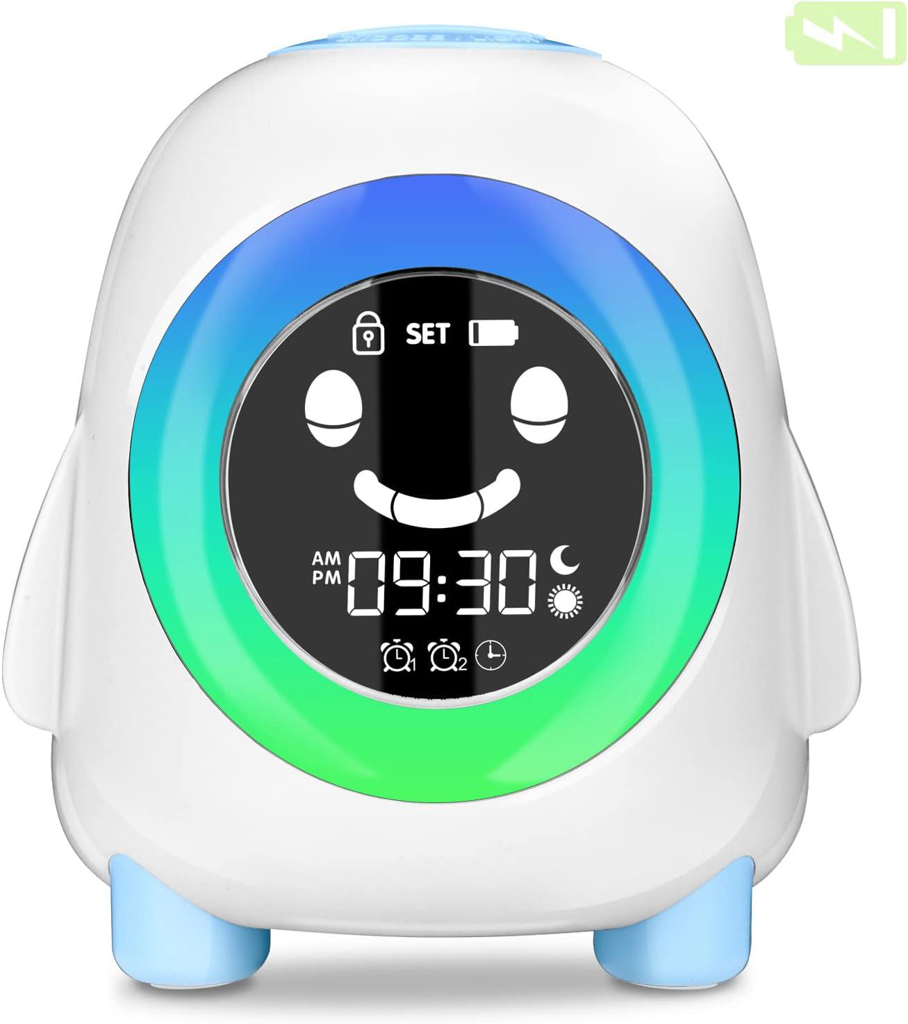 Réveil Éducatif Pour Enfants Avec Batterie Rechargeable 2200 Mah, 2 Alarmes, 3 Niveaux De Luminosité, 5 Sonneries, 5 Couleurs, 8 Musiques Et Fonction Snooze.