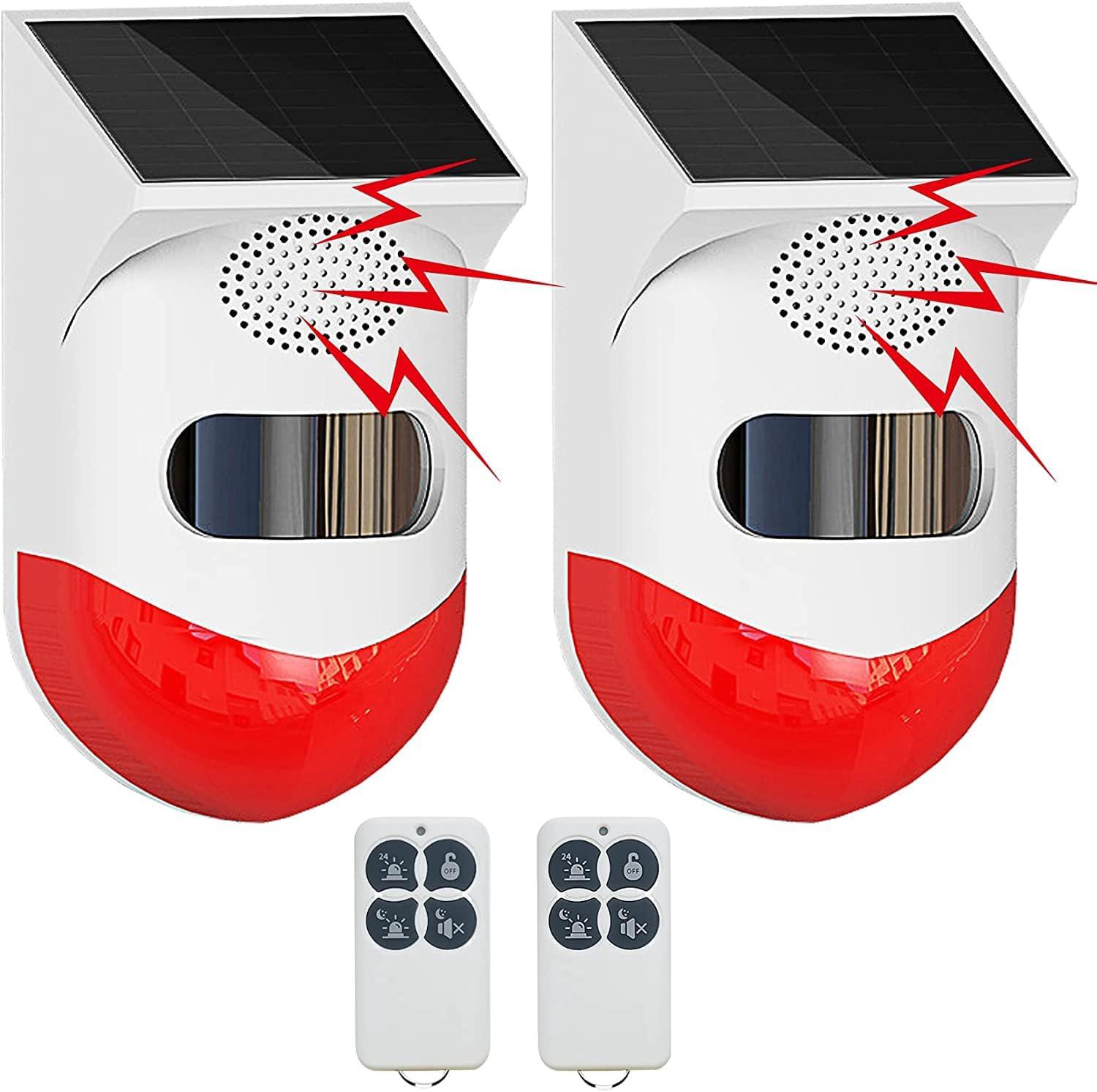 Lampe Stroboscopique Solaire Avec Détecteur De Mouvement, Alarme Extérieure Avec Télécommande, Son De 120 Db, Étanche Ip67 Et Quatre Modes, Convient Aux Maisons, Fermes, Granges, Villas Et Cours (lot