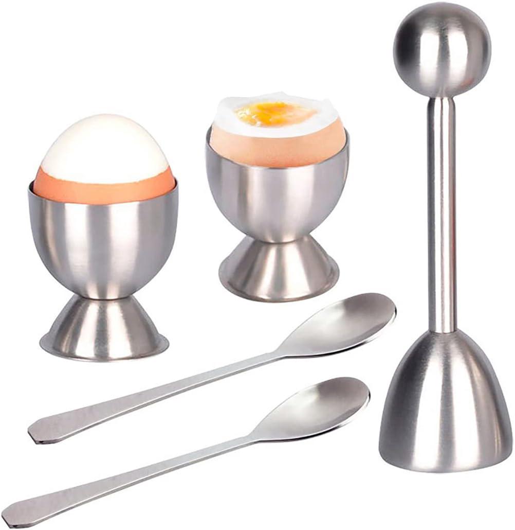 Piece Set For Egg Crackers - Includes 2 Egg Cups, 2 Spoons And 1 Cookie Cutter - Simple Stainless Steel Egg Opener