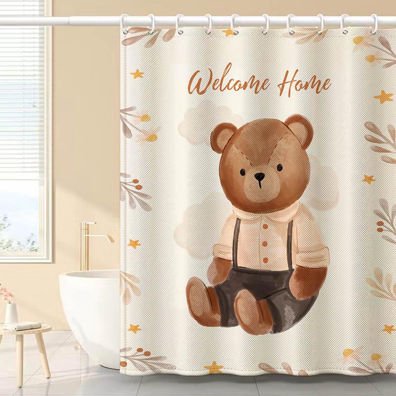 Rideau De Douche 180 X 200 Cm Avec 12 Crochets, Séchage Rapide (motif Ours), En Polyester Imperméable Lavable En Machine, Pour Salle De Bain.