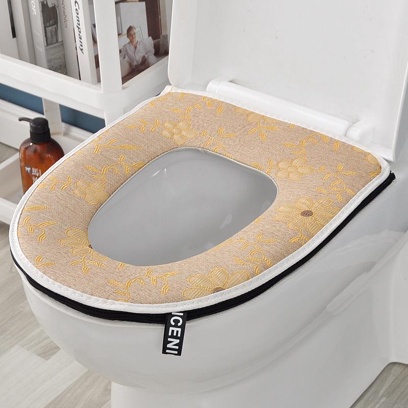 1 Siège De Toilette Imperméable Pour Usage Domestique (motif Fleurs En Relief Kaki), Siège De Toilette Universel Avec Fermeture Éclair, Coussin Chauffant, Compatible Avec La Plupart Des Toilettes (san