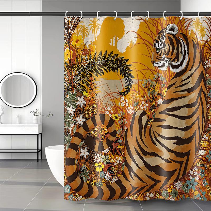 Rideau De Douche 180 X 200 Cm Avec 12 Crochets, Séchage Rapide (tigre), En Polyester Imperméable Lavable En Machine, Pour Salle De Bain.