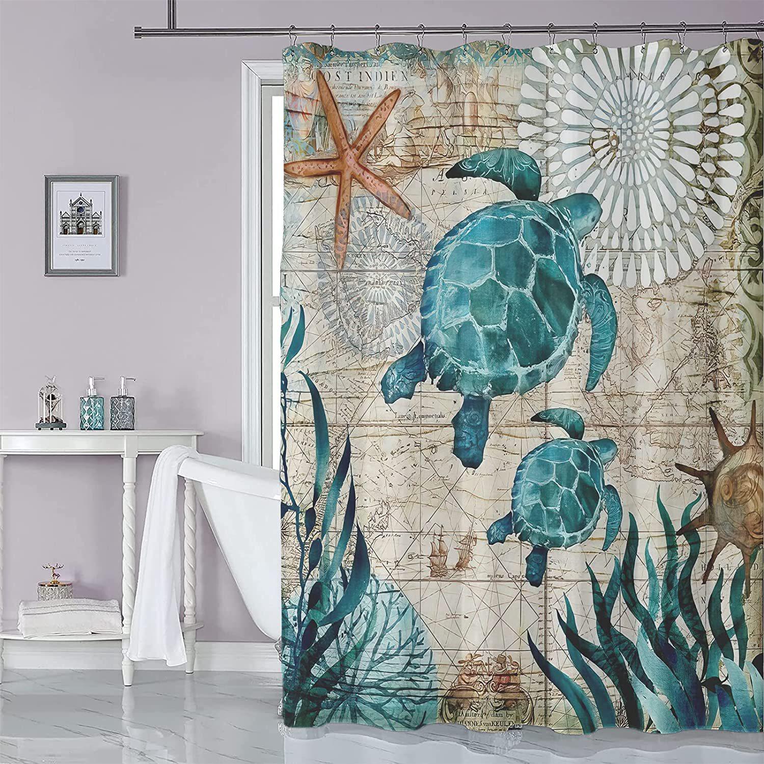 Rideau De Douche 180 X 200 Cm Avec 12 Crochets, Séchage Rapide (tortue Marine), En Polyester Imperméable Lavable En Machine, Pour Salle De Bain.