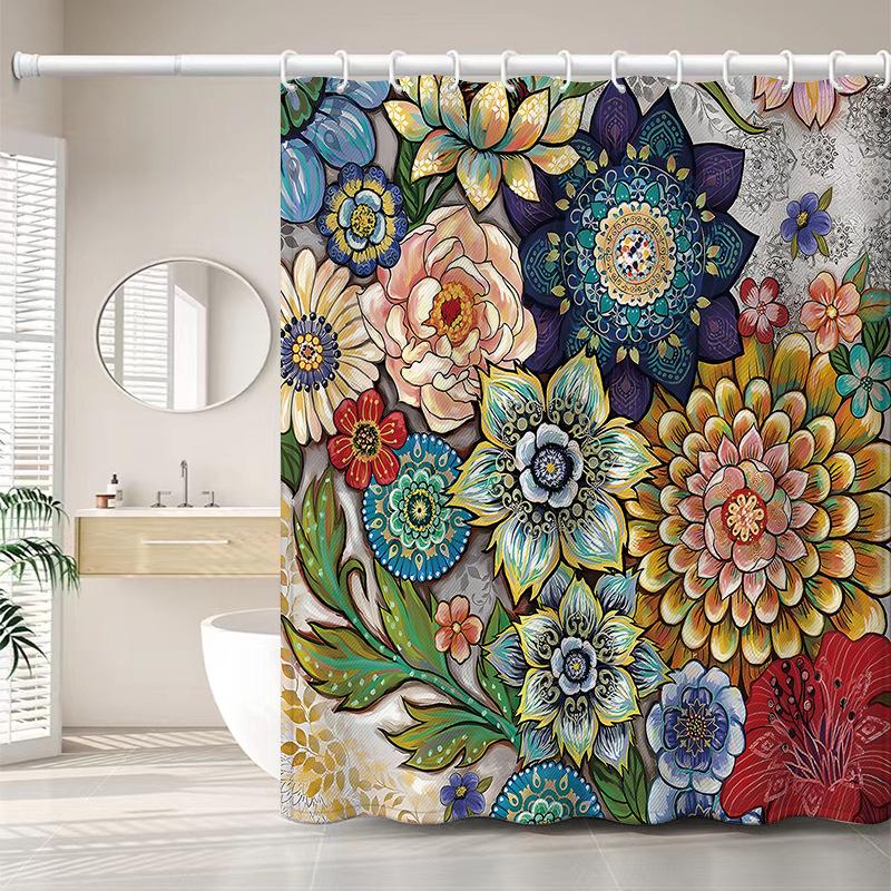 Rideau De Douche 180 X 200 Cm Avec 12 Crochets, Séchage Rapide (motif Fleurs), En Polyester Imperméable Lavable En Machine, Pour Salle De Bain.