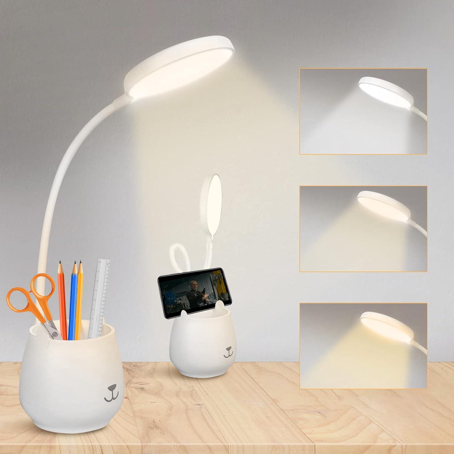 Lampe De Bureau Avec Porte-stylo Intégré, Lampe De Bureau Led À Intensité Variable Avec 3 Modes D'Éclairage Et 24 Led, Lampe De Chevet Pour Enfants Avec Protection Des Yeux, Chargement Usb Sans Fil Po