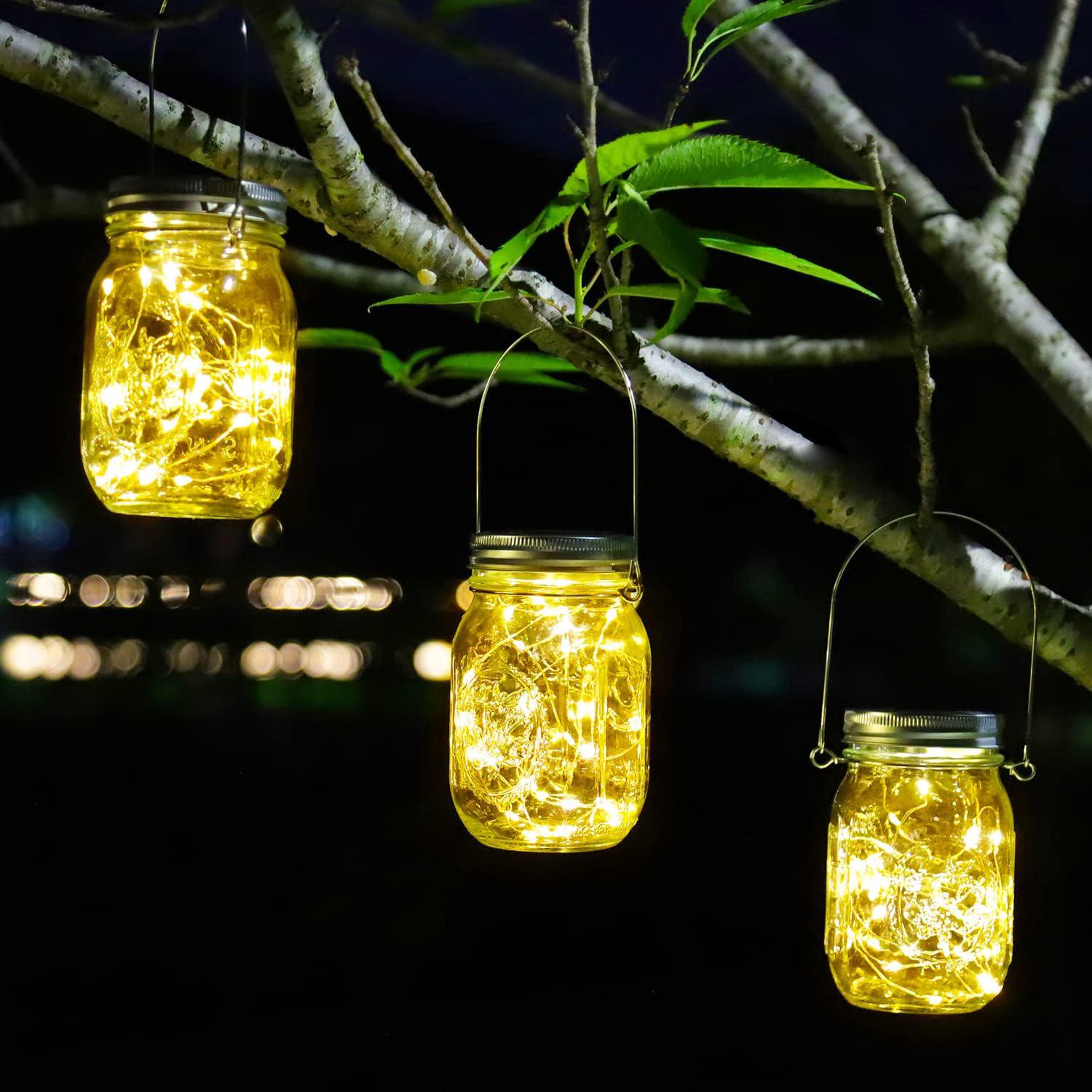 Lampes Solaires D'Extérieur, Lot De 3 Lampes Solaires De Jardin Avec 20 Led Étanches, En Bocaux Mason, Pour Éclairage Intérieur Et Extérieur, Décoration De Noël (blanc Chaud)
