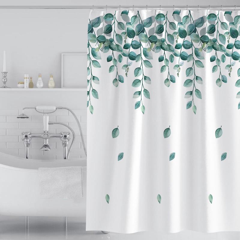 Rideau De Douche À Motif De Feuilles Vertes Et Blanches Avec Crochets, 180 X 180 Cm, En Polyester Imperméable Et Lavable, Résistant À La Moisissure.