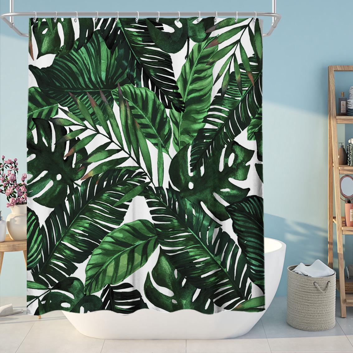 Rideau De Douche En Polyester Résistant À Motif Feuille De Cactus Avec 12 Crochets, 180 X 180 Cm (feuille Verte C)