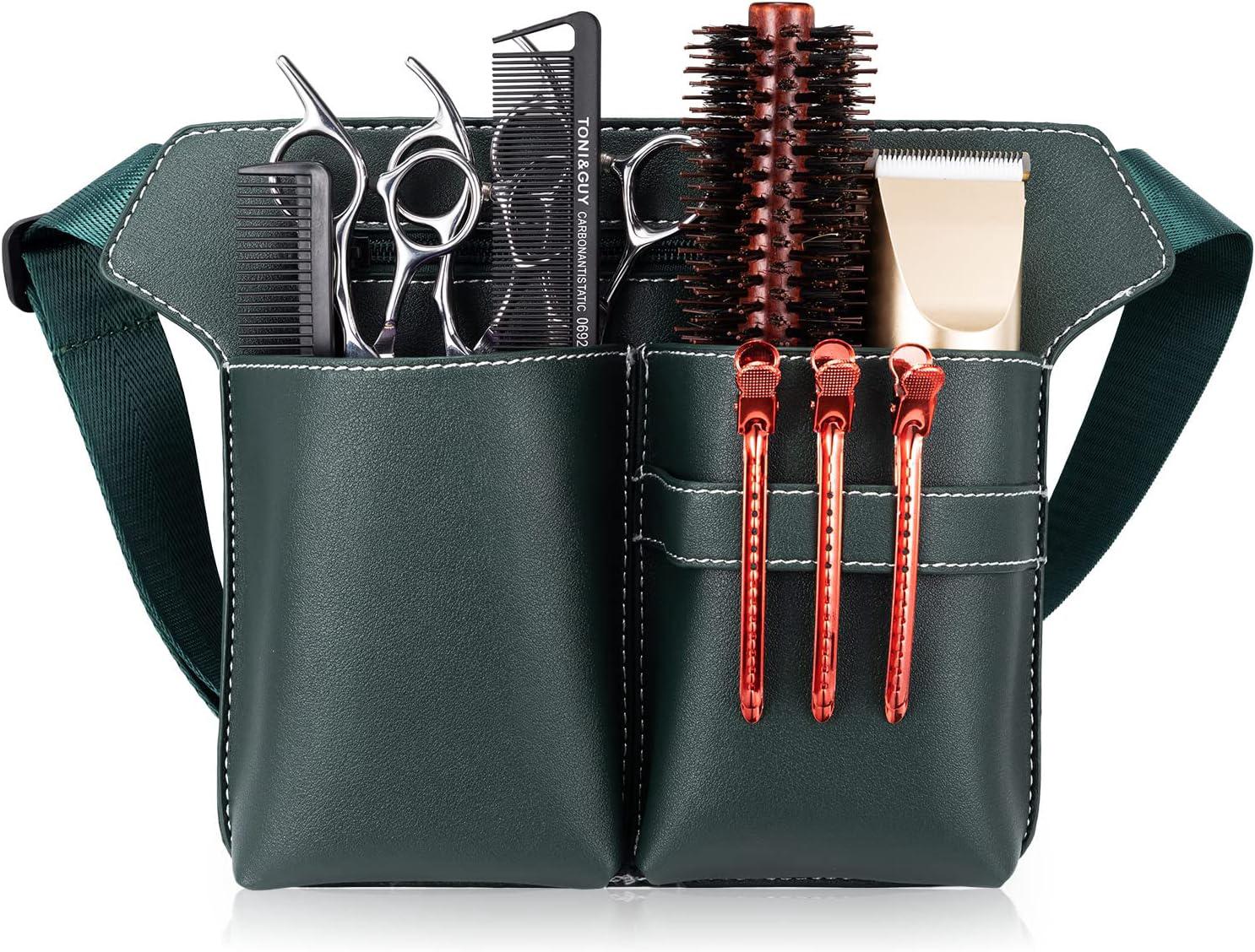 Sacoche Pour Ciseaux De Coiffure En Cuir Synthétique Vert Avec Bandoulière, Idéale Pour Les Salons De Coiffure Et Les Spas.