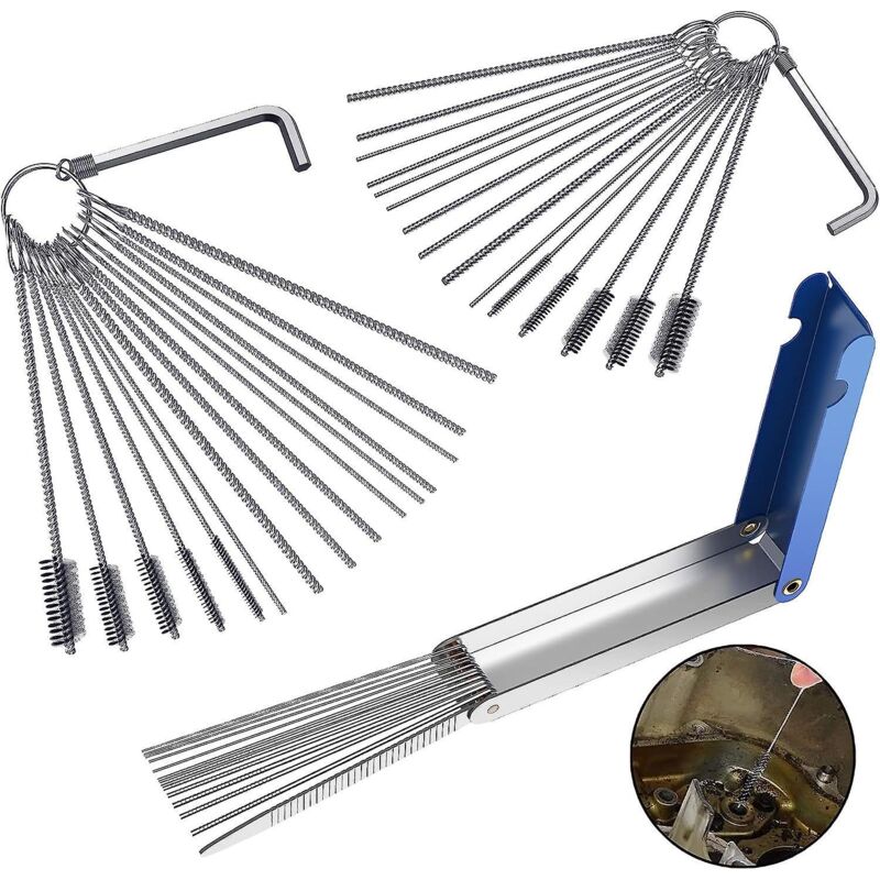 Kit De Nettoyage De Gicleurs De Carburateur Pour Motos Et Quads - Comprend 20 Aiguilles, 10 Brosses Et 2 Clés Hexagonales Crv