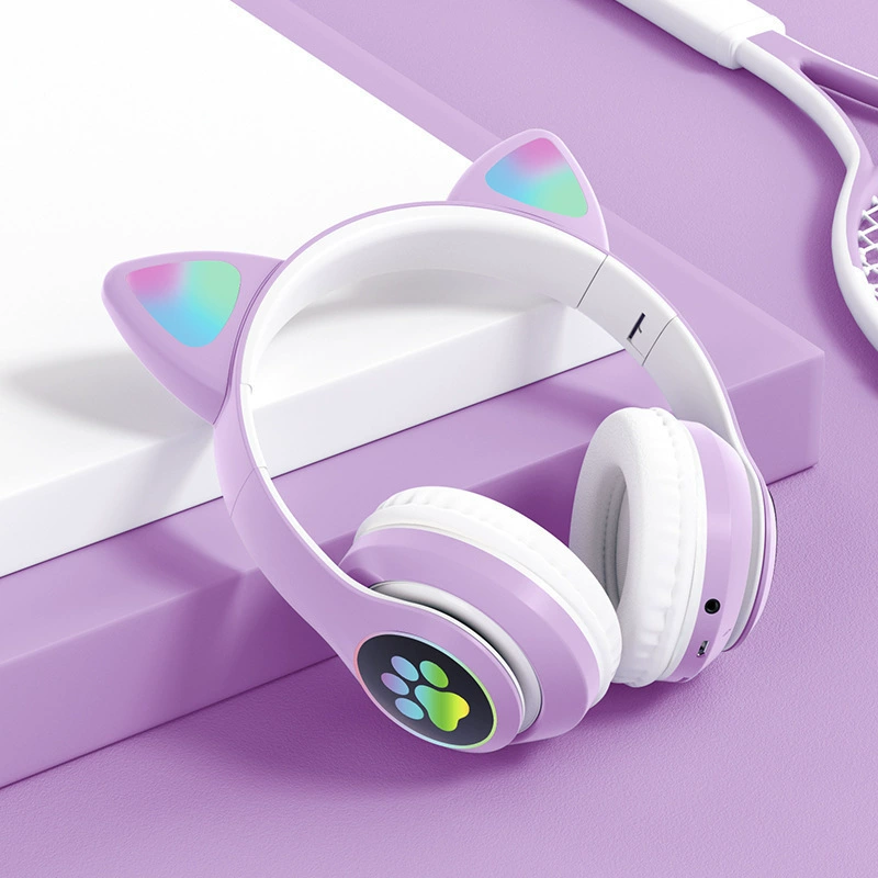 Megadream Wireless Headphones For Kids, Cat Ear Foldable Bluetooth Earphones Flashing Led Light Up Over Ear Headset With Microphone For Iphone/ipad/tablet, For Girls Boys Gift Age 8+ (purple)