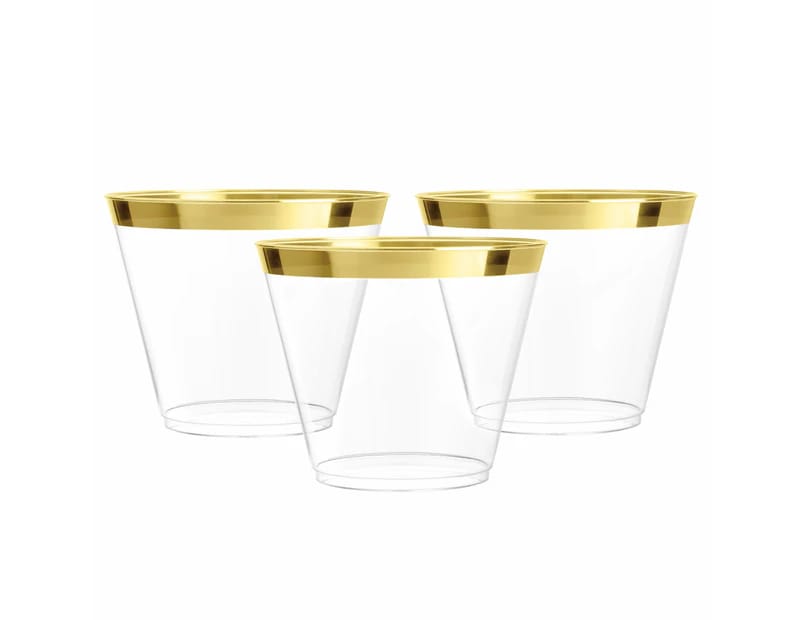 Ecomm Disposable Plastic Cups For Wine, Cocktails, And Drinks - Bulk Party Tumblers For Weddings - Clear 9oz Cups（golden）